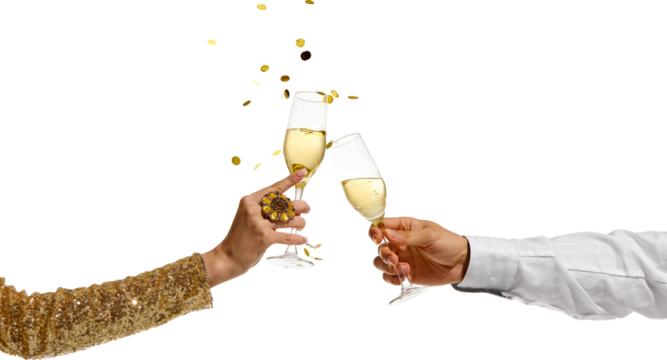 Male and female hands clinking champagne flutes with sparkling wine as golden confetti falls in air on transparent background. Concept of celebration, luxury, festive moment.