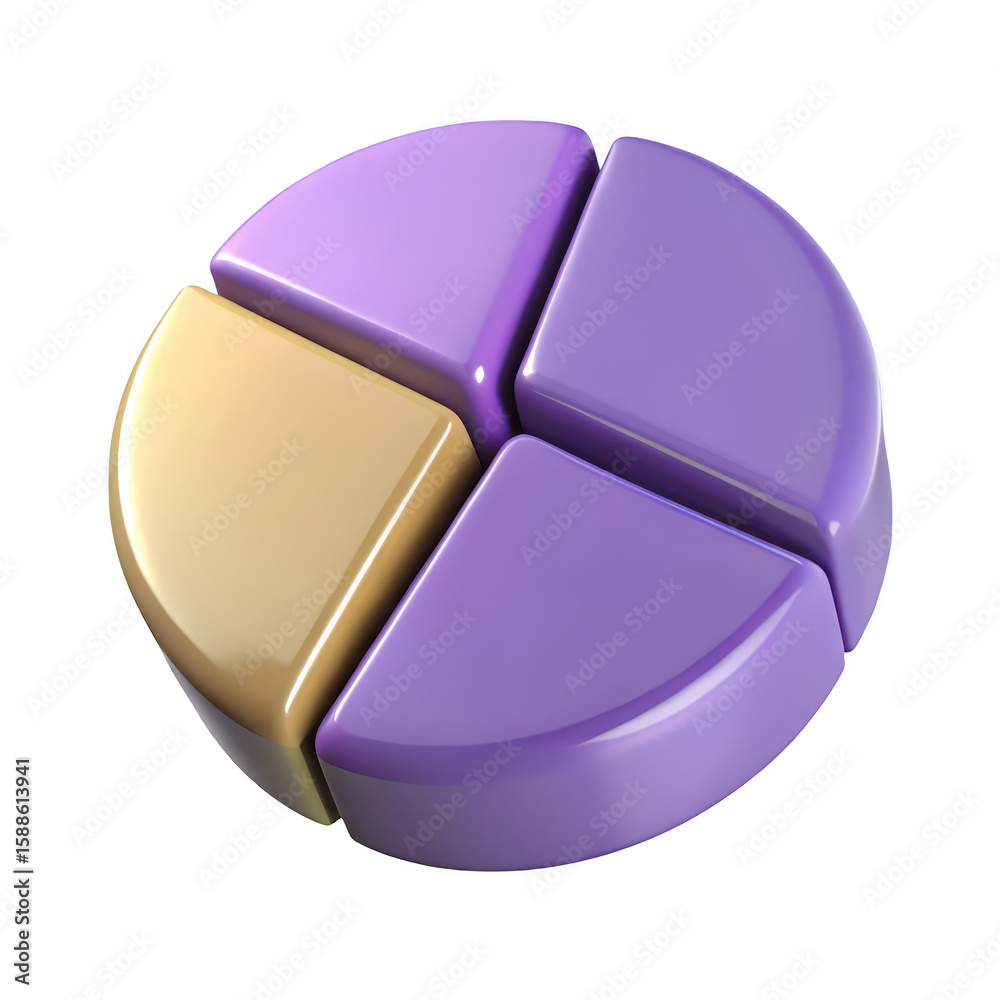 Poster shiny three dimensional pie chart segments with one different color isolated on transparent backgrou