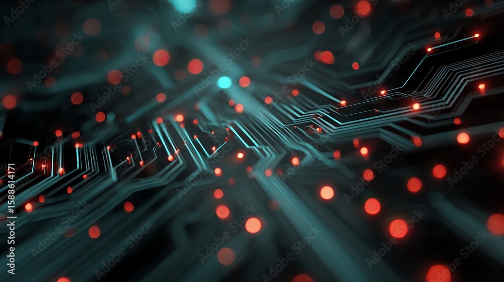 Poster abstract technology rendering of circuit board with illuminated connections hinting at digital pathw