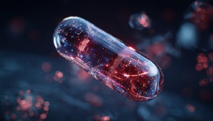 Futuristic Medicine: A glowing capsule floats, revealing intricate internal circuitry and vibrant energy flows.