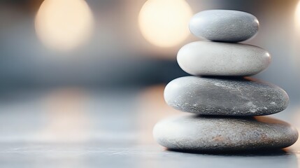 Balanced stack of smooth gray zen stones on blurred background with soft bokeh lights creating peaceful spa and meditation atmosphere.