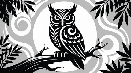 Fototapeta premium A black and white owl on a branch, designed as a tribal vector illustration, features an animal head symbol in art for a powerful tattoo