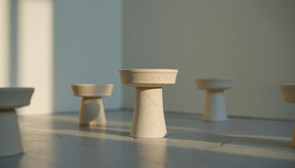 Minimalist Stool: A collection of minimalist stool designs bask in the glow of natural light, their elegant forms casting subtle shadows across the smooth, pale surface.