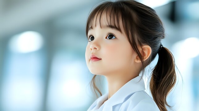 Young Asian female medical professional in white coat looking up thoughtfully against blurred hospital background, portraying healthcare and aspirations.