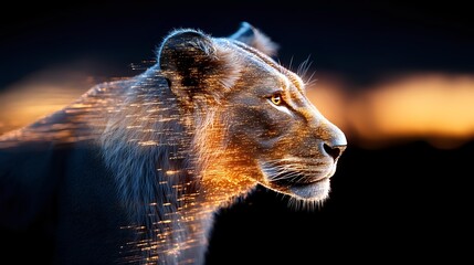 Naklejka premium Majestic lion profile with glowing particles dispersing from mane against dark background, digital art style combining wildlife and fantasy elements in orange and blue tones.