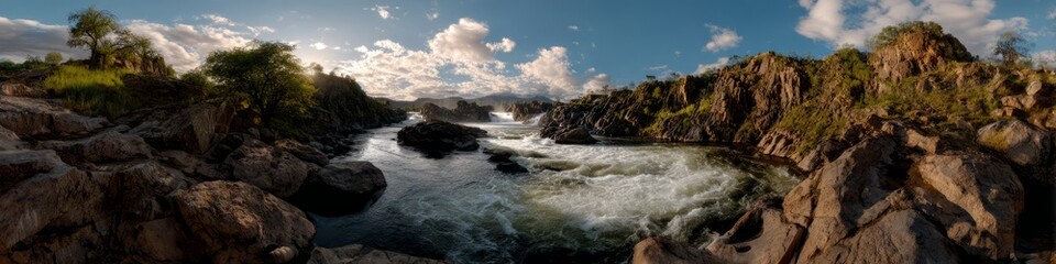 Obraz premium Panoramic 360 degrees hdr nature waterfall scene beautiful landscape outdoor serenity