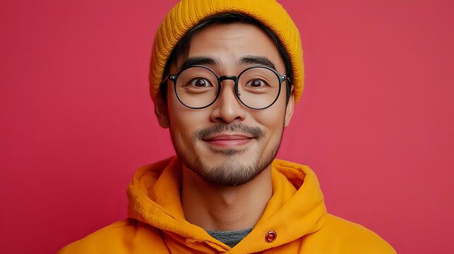 Young Asian man wearing yellow beanie and hoodie smiling cheerfully against red background, expressing positive emotions and happiness in casual modern style. - Powered by Adobe