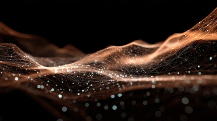 Abstract network with glowing connections against a dark background, representing technology, communication, and futuristic connectivity with orange highlights.