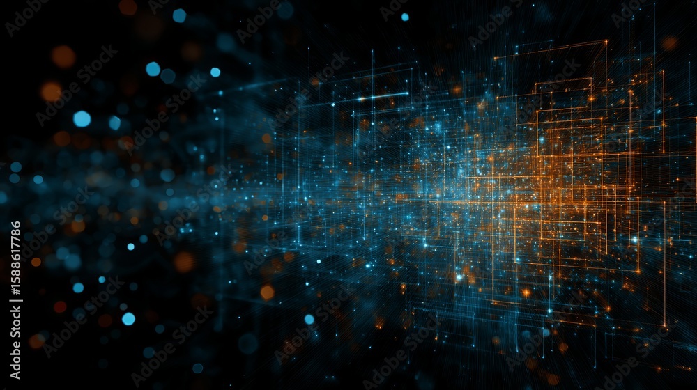  abstract digital network with glowing nodes representing complex connections and data flow in modern