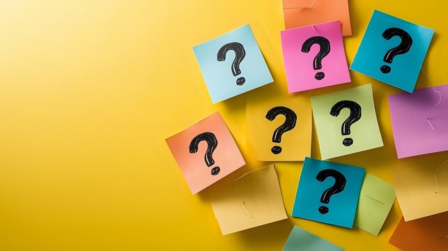 Colorful sticky notes with question marks arranged on yellow background, creating dynamic composition for business problem solving and decision making concepts.