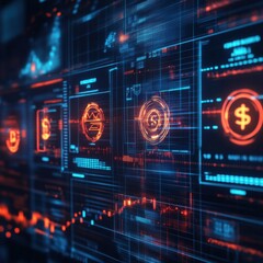 Obraz premium Digital interface displaying financial data with dollar signs and graph information shown clearly
