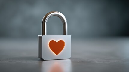 Biometric access for healthcare, A silver padlock with a red heart-shaped keyhole symbolizing love, security, and emotional protection on a smooth surface against a blurred grey background.