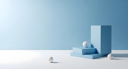Minimal blue product pedestal with geometric shapes