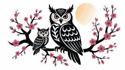 A wise brown owl illustration perched on a moonlit branch, a cute nocturnal animal vector design