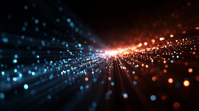 Captivating convergence of blue and orange light particles emitting rays, set against a dark backdrop in an abstract design.