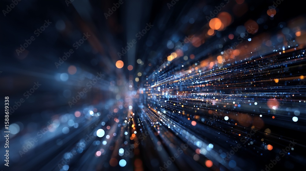 Poster dynamic light streaks creating futuristic data stream visualization, connecting information and illu