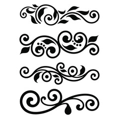 Collection of four elegant black ornamental decorative scrollwork borders with swirls and dots, flourishes dividers, Vintage Filigree ornament stroke scroll design
