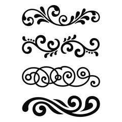 Collection of four elegant black ornamental decorative scrollwork borders with swirls and dots, flourishes dividers, Vintage Filigree ornament stroke scroll design