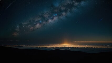 Fototapeta premium City lights nestled below a starry night sky.