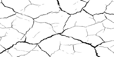 A stark, high-contrast black and white texture resembling cracked earth or shattered glass, showcasing an intricate network of irregular lines against a pristine white background. 
