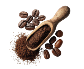 Wooden scoop filled with coffee grounds, surrounded by coffee beans