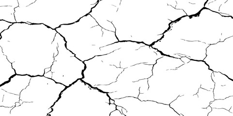 A stark, high-contrast black and white texture resembling cracked earth or shattered glass, showcasing an intricate network of irregular lines against a pristine white background. 
