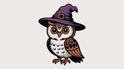A cute, wise cartoon owl character with a hat perches on a branch, a charming vector illustration of nature's beloved night bird