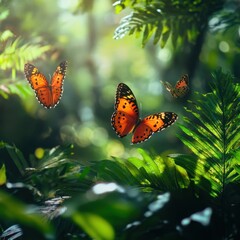 Obraz premium A group of orange and black butterflies flying amidst lush green foliage in a tropical setting
