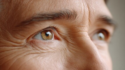 Biometric access for healthcare, Close-up of an elderly person's eye, highlighting detailed skin texture and wrinkles around the eye area.