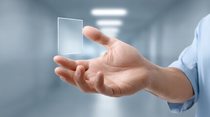 Biometric access for healthcare, A human hand holds a transparent, floating glass or digital screen in a blurred modern background.