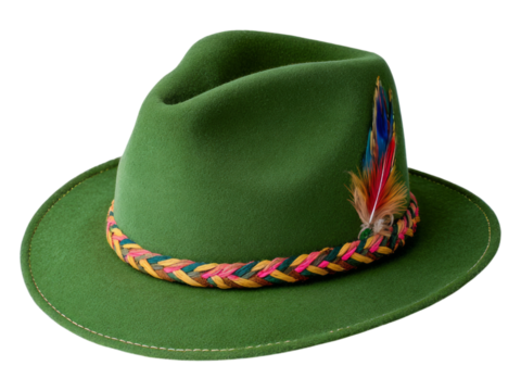 Green Hat with Feather and Colorful Band Isolated