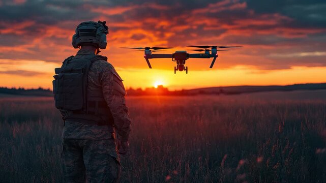Soldier monitoring drone operations during sunset in a rural landscape with dramatic sky colors