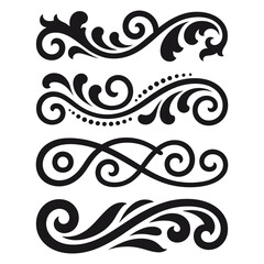 Collection of four elegant black ornamental decorative scrollwork borders with swirls and dots, flourishes dividers, Vintage Filigree ornament stroke scroll design