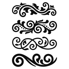 Collection of four elegant black ornamental decorative scrollwork borders with swirls and dots, flourishes dividers, Vintage Filigree ornament stroke scroll design