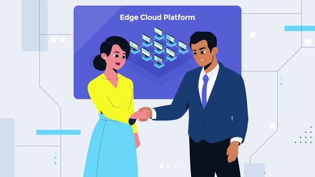 Animated business team presenting edge cloud platform technology with modern digital data visualization interface
