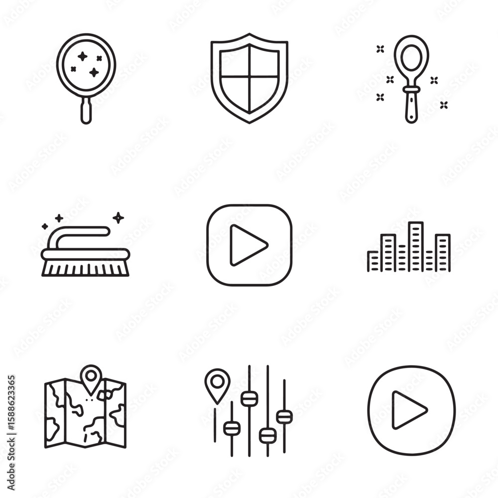 Poster collection of minimalist outline icons representing various concepts and visual elements