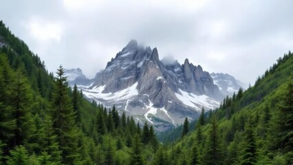 Obraz premium Scenic Daytime Mountain Landscape of Forest Valley with Pine Trees