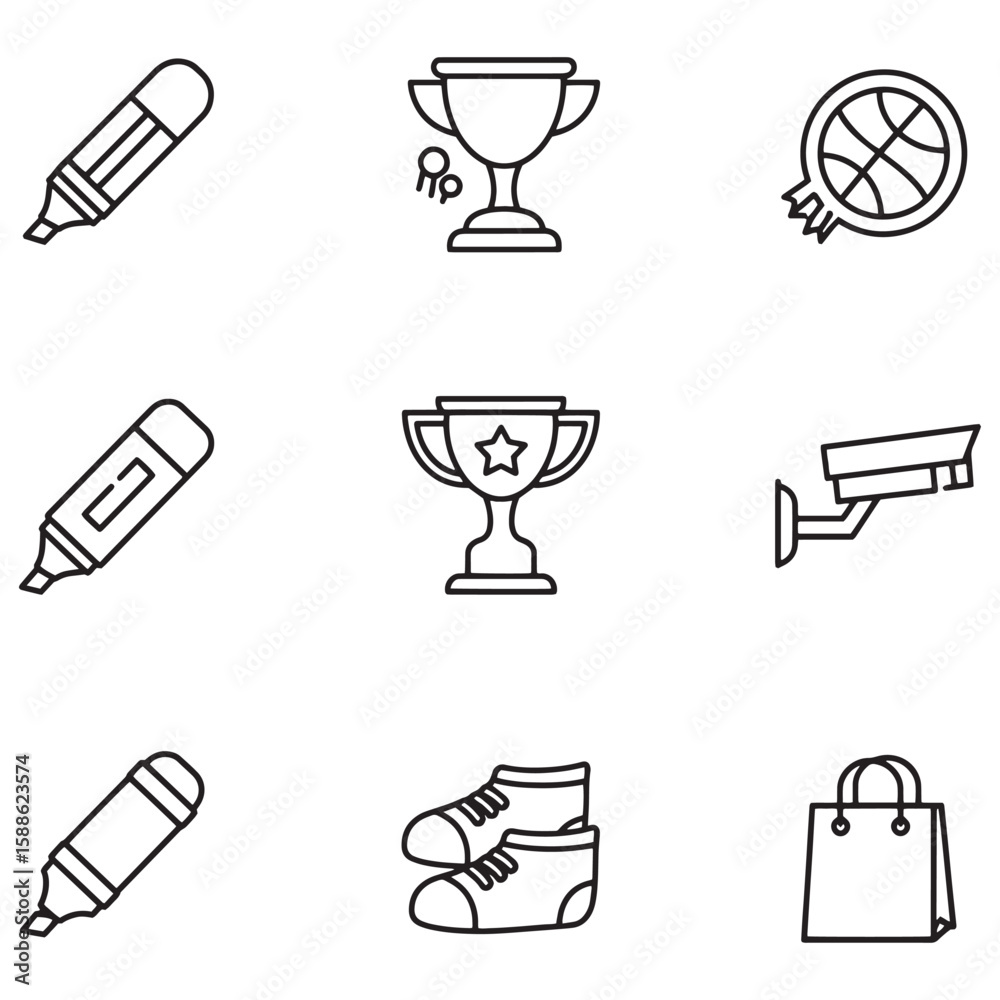 Poster collection of minimalistic black outline icons representing various objects and symbols