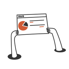 doodle hand drawing hand holding web page with pie chart data