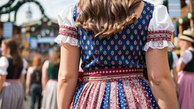 Woman in a traditional dirndl dress at an outdoor festival. Oktoberfest celebration and Bavarian culture footage.