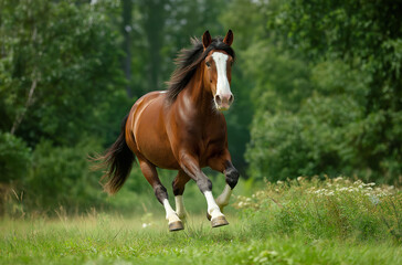 Fototapeta premium A brown horse with black feet galloping in the green grass, horse