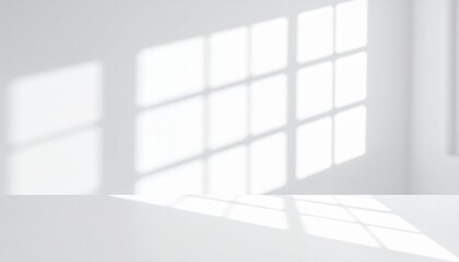 Minimalist sunlit room with white surfaces and gridded windows