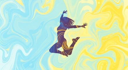 Joyful Silhouette Leap Against Abstract Liquid Colors