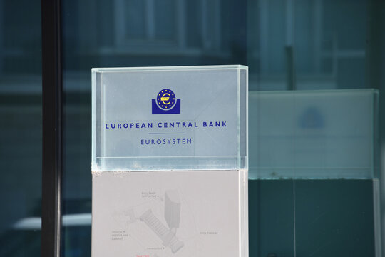 Frankfurt, Hesse, Germany - June 30, 2025: Sign at the entrance of European Central Bank headquarters in Frankfurt, Germany - the ECB is the central bank for the euro