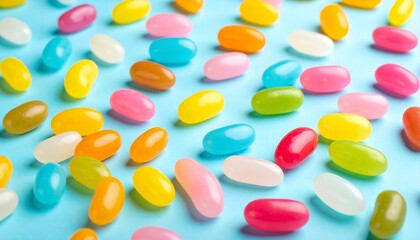 Colorful jelly beans scattered on a light blue surface (1)