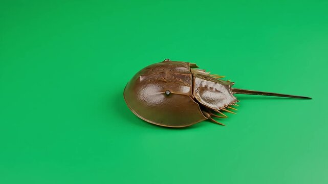 A horseshoe crab is positioned against a plain green background showcasing its dark brown shell and spiky tail