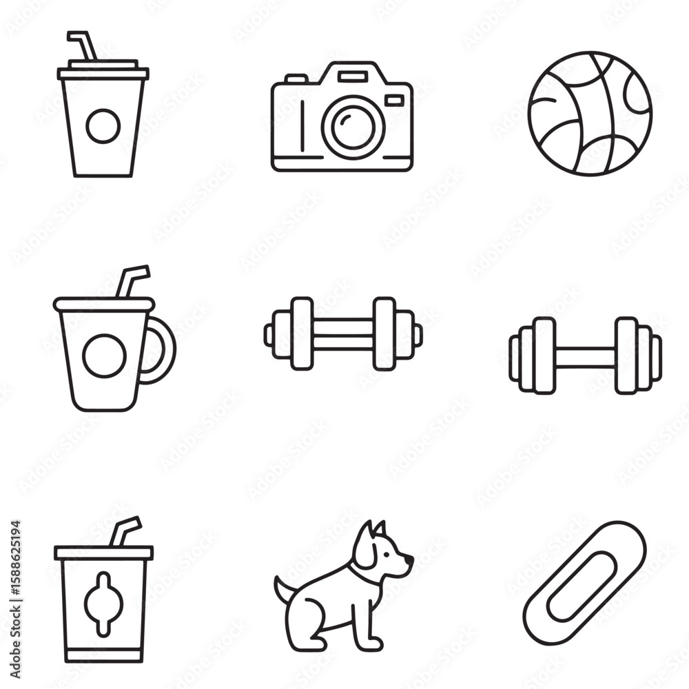 Poster collection of simple black and white outline icons representing various common objects