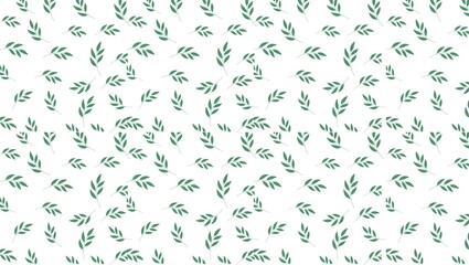 Green leaf pattern on a white background scattered