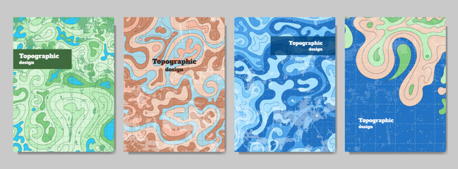Vector illustration. Topographic cover concept. Set of minimal design banner for print. Design elements for poster, layout, postcard, book or magazine cover. Old fashion style. Line art pattern © VVadi4ka