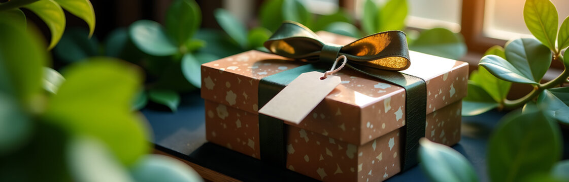 luxurious gift box crafted richly textured marble rests elegantly amidst lush greenery delicate tag suspended
